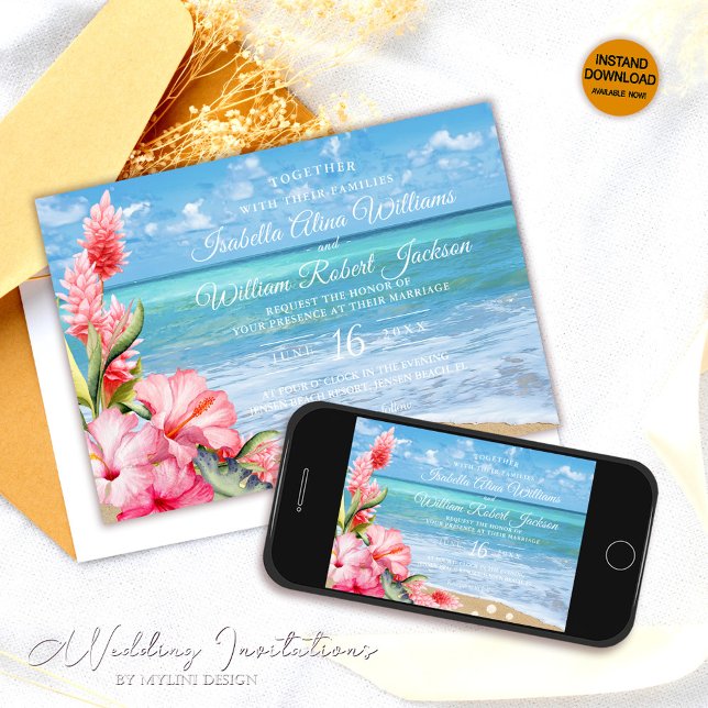 Tropical Floral Hibiscus Beach Wedding Invitation (Creator Uploaded)