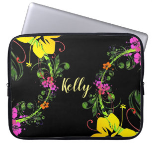 Tropical floral hibiscus black pink yellow green laptop sleeve