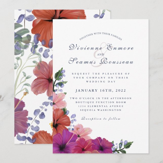 Tropical floral hibiscus colourful wedding invitation (Front/Back)