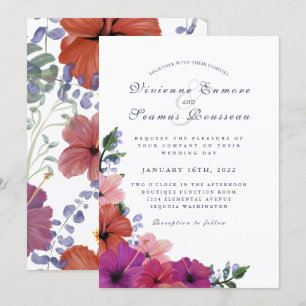 Tropical floral hibiscus colourful wedding invitation