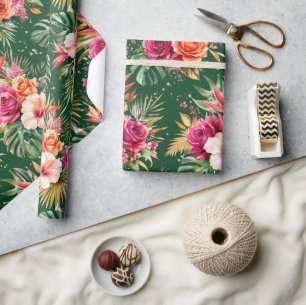 Tropical Floral   Hibiscus & Greenery Wrapping Paper