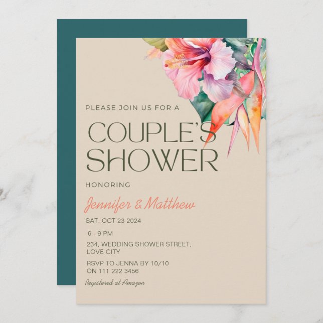 Tropical Floral Hibiscus Hawaiian Couples Shower Invitation (Front/Back)