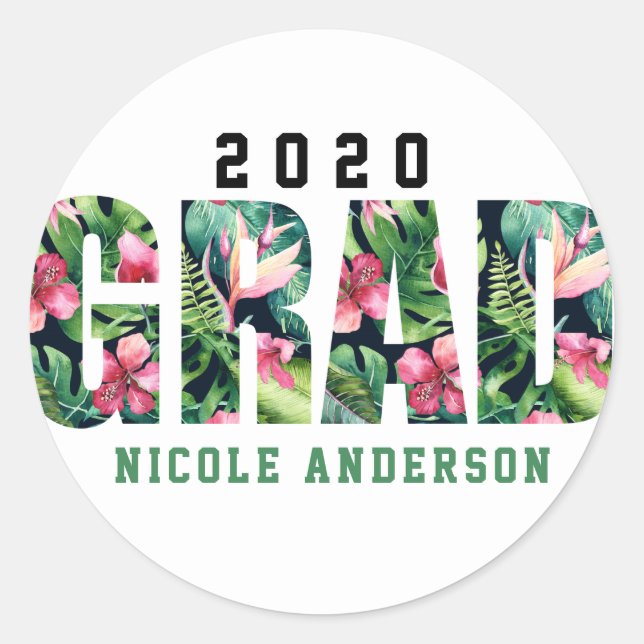Tropical Floral Hibiscus Hawaiian GRAD Graduation Classic Round Sticker (Front)
