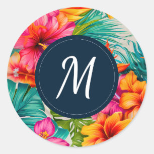 Tropical Floral Hibiscus Monogram Classic Round Sticker