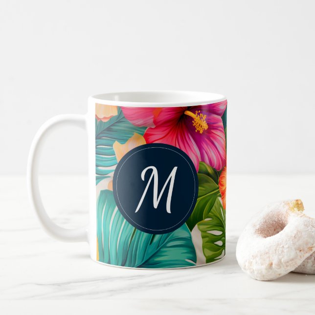 Tropical Floral Hibiscus Monogram Coffee Mug (With Donut)