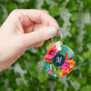 Tropical Floral Hibiscus Monogram Key Ring