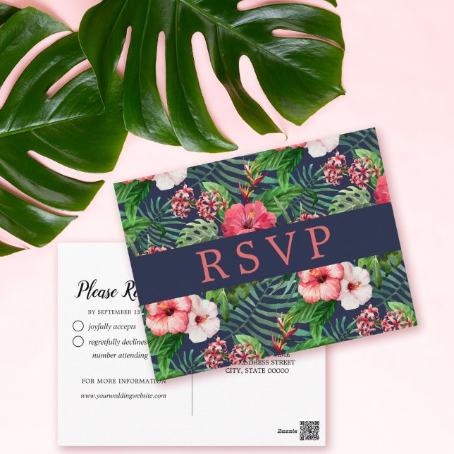 Tropical Floral Hibiscus Navy Wedding RSVP Postcard (Creator Uploaded)