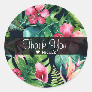 Tropical Floral Hibiscus & Palm Leaves Hawaiian Classic Round Sticker