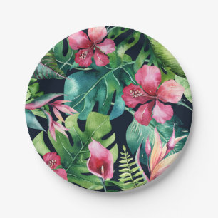Tropical Floral Hibiscus & Palm Leaves Hawaiian Paper Plate
