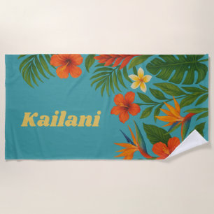 Tropical Floral Hibiscus Palm Personalised Name Beach Towel