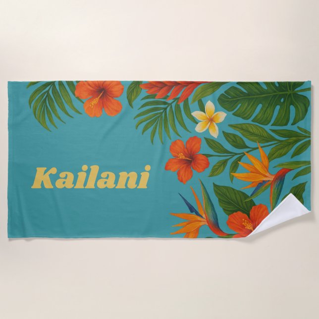 Tropical Floral Hibiscus Palm Personalised Name Beach Towel (Front)