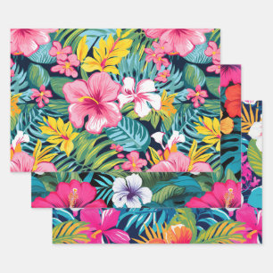 Tropical Floral Hibiscus Plumeria Pattern Design Wrapping Paper Sheet