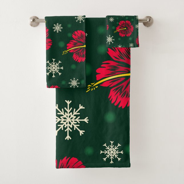 Tropical Floral Hibiscus Snowflakes Christmas |  Bath Towel Set (Insitu)