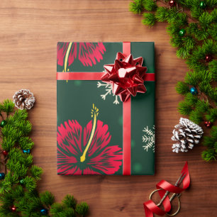 Tropical Floral Hibiscus Snowflakes Christmas Wrapping Paper