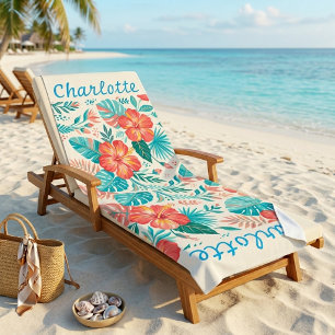 Tropical Floral Hibiscus Teal Pink Personalised Beach Towel