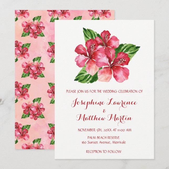 Tropical Floral Hibiscus Watercolor Wedding Invitation (Front/Back)