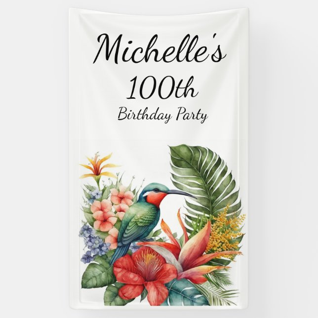 Tropical Floral Hummingbird 100th Birthday Banner (Vertical)