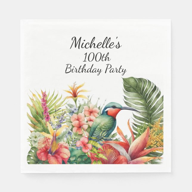 Tropical Floral Hummingbird 100th Birthday Napkin (Front)