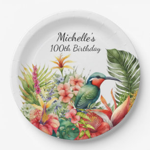Tropical Floral Hummingbird 100th Birthday Paper Plate