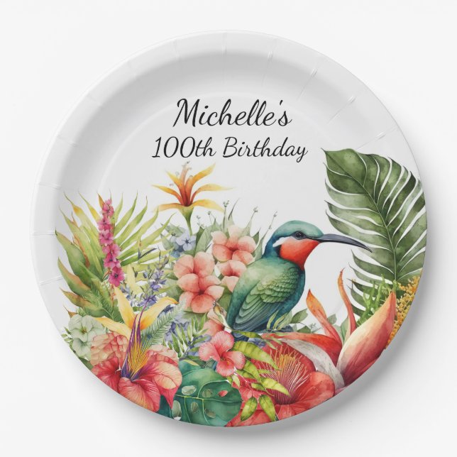 Tropical Floral Hummingbird 100th Birthday Paper Plate (Front)
