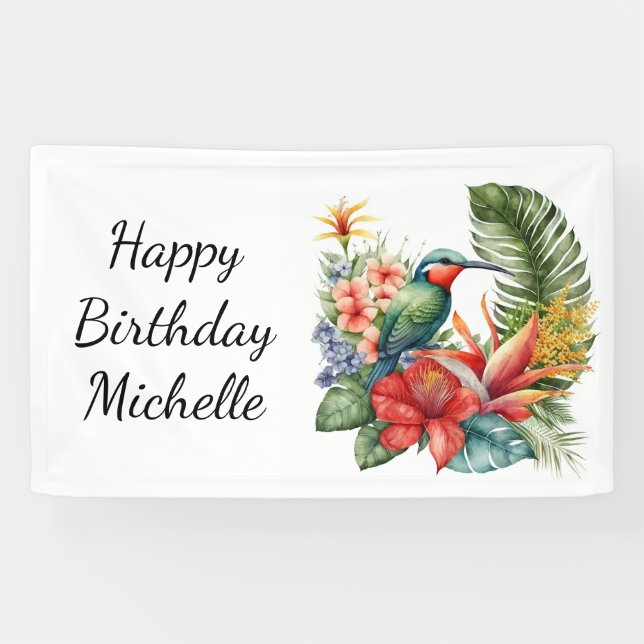 Tropical Floral Hummingbird Birthday Name Banner (Horizontal)