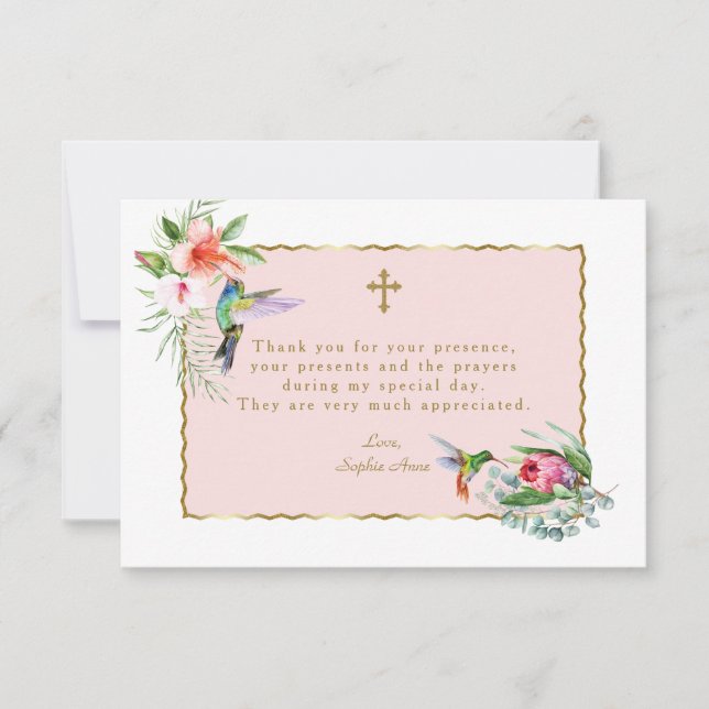 Tropical Floral Hummingbirds Gold Confirmation Thank You Card (Front)
