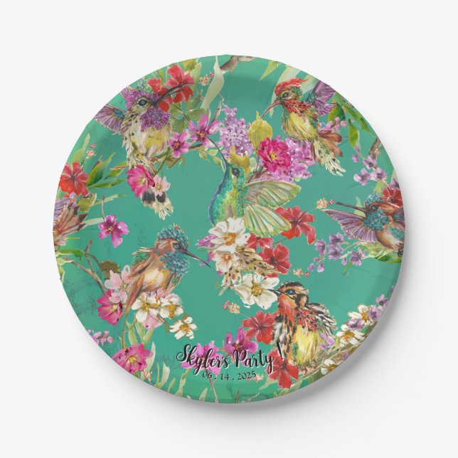 Tropical Floral Hummingbirds Watercolor Party  Paper Plate (Front)