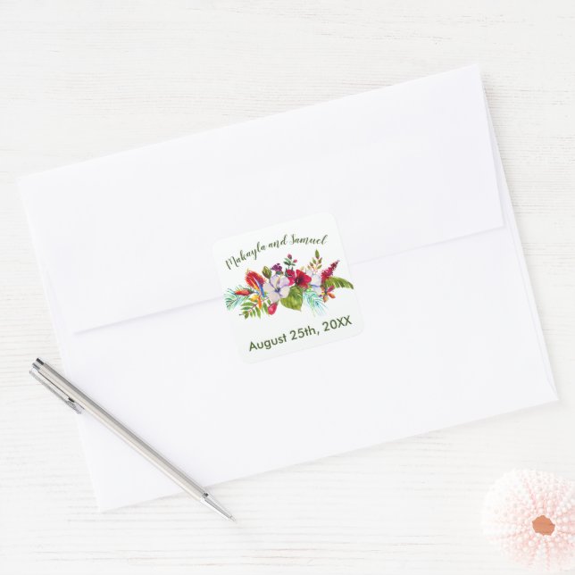 Tropical Floral Island Hibiscus Green Wedding Square Sticker (Envelope)