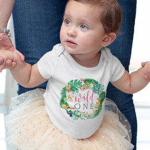 Tropical Floral Jungle Animals First Birthday Baby Bodysuit