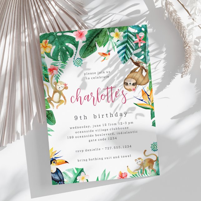Tropical Floral Jungle Animals Kids Birthday Party Invitation (Creator Uploaded)