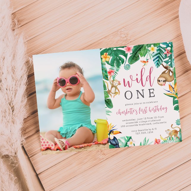 Tropical Floral Jungle Animals Kids Birthday Photo Invitation (Creator Uploaded)