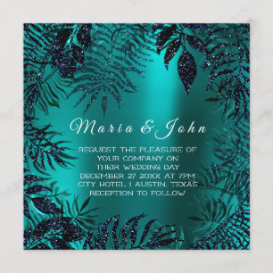 Tropical Floral Leaf Glitter Garden Blue Navy Teal Invitation