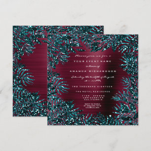 Tropical Floral Leafs Framed Glitter Teal Burgundy Invitation