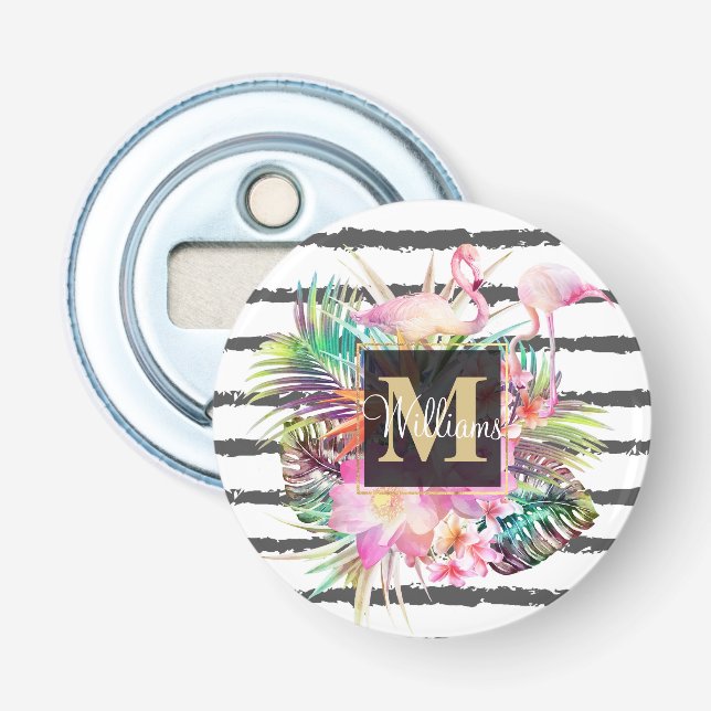 tropical floral leaves and flamingos stripes bottle opener (Front)