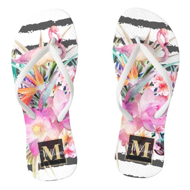 tropical floral leaves and flamingos stripes flip flops (Footbed)