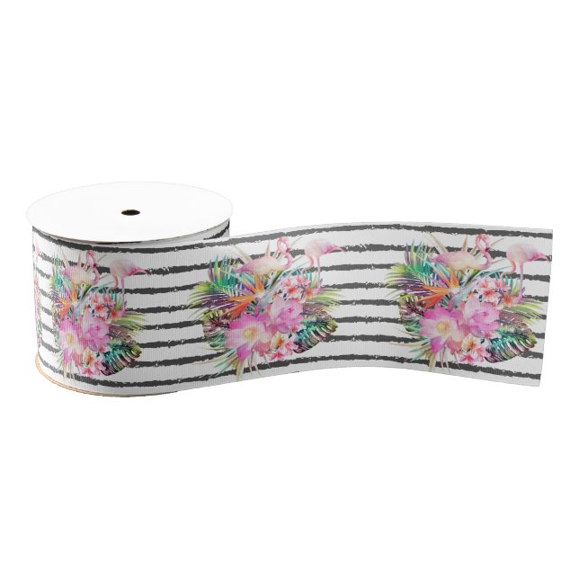 tropical floral leaves and flamingos stripes grosgrain ribbon (Spool)