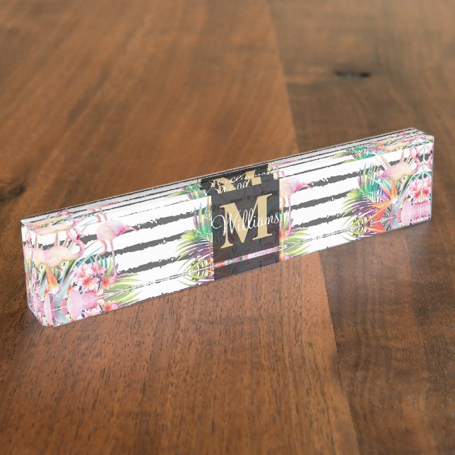 tropical floral leaves and flamingos stripes nameplate (Side)