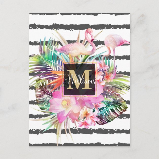 tropical floral leaves and flamingos stripes postcard (Front)