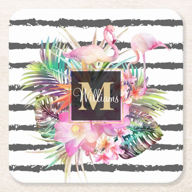 tropical floral leaves and flamingos stripes square paper coaster (Front)