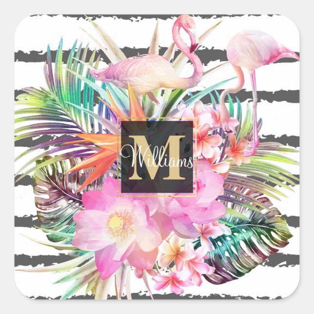 tropical floral leaves and flamingos stripes square sticker (Front)
