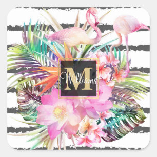 tropical floral leaves and flamingos stripes square sticker