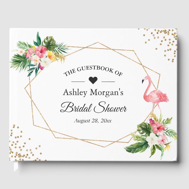 Tropical Floral Leaves Flamingo Bridal Shower Guest Book (Front)