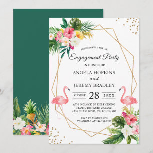 Tropical Floral Leaves Flamingo Engagement Party Invitation