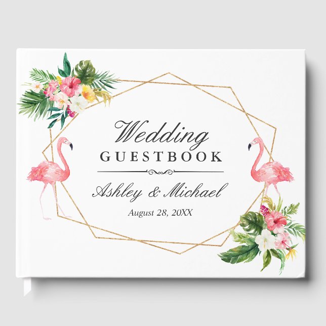 Tropical Floral Leaves Flamingos Wedding Guest Book (Front)