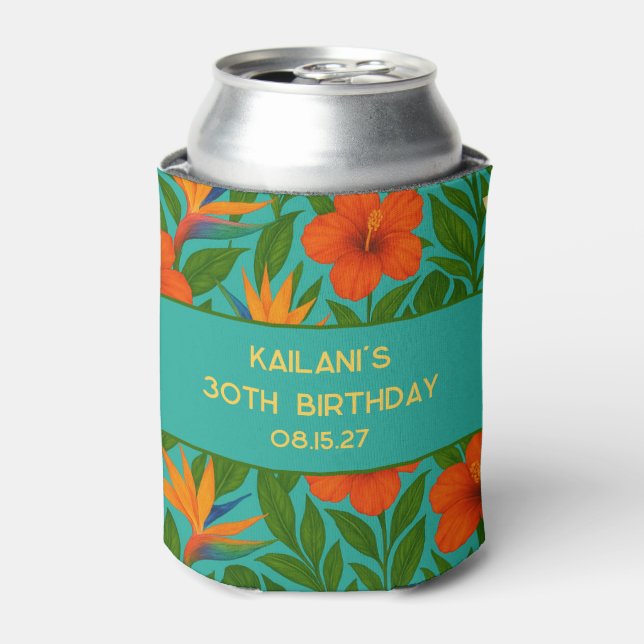 Tropical Floral Leaves Luau Hawaii Birthday Party Can Cooler (Can Front)