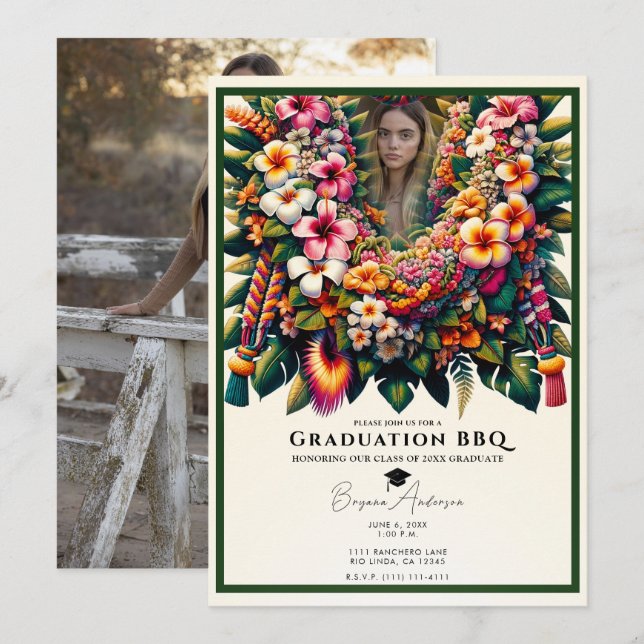 Tropical Floral Lei Graduation Photo BBQ Party  Invitation (Front/Back)