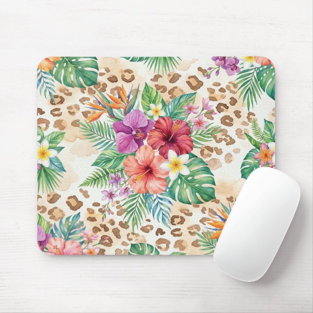 Tropical Floral Leopard Print Pattern Mouse Mat (With Mouse)