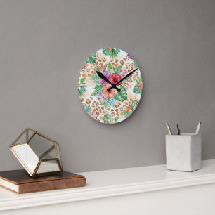 Tropical Floral Leopard Print Pattern Round Clock