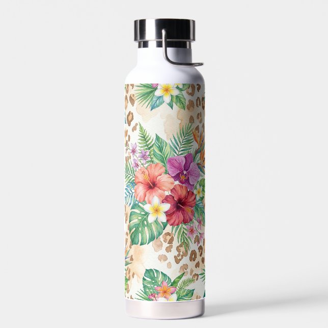 Tropical Floral Leopard Print Pattern Water Bottle (Left)