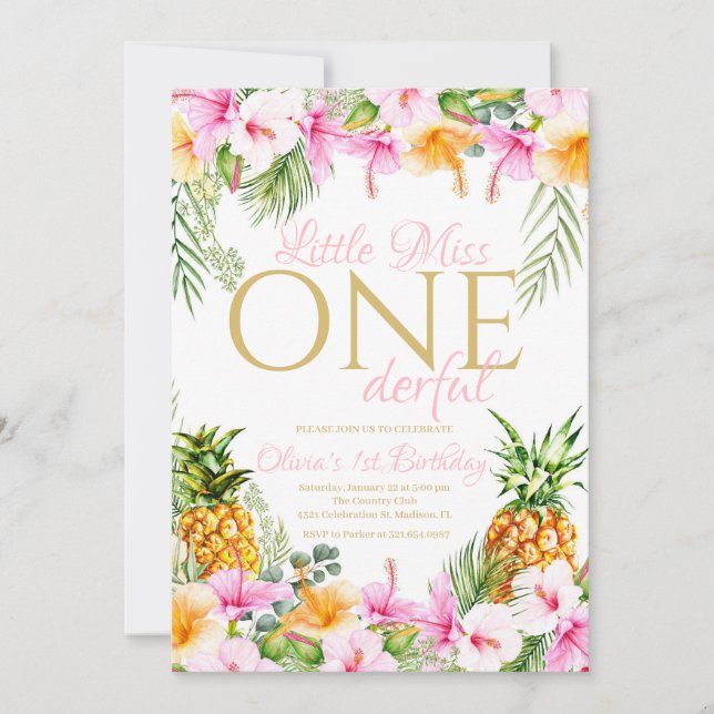 Tropical Floral Little Miss Onederful Birthday Invitation (Front)